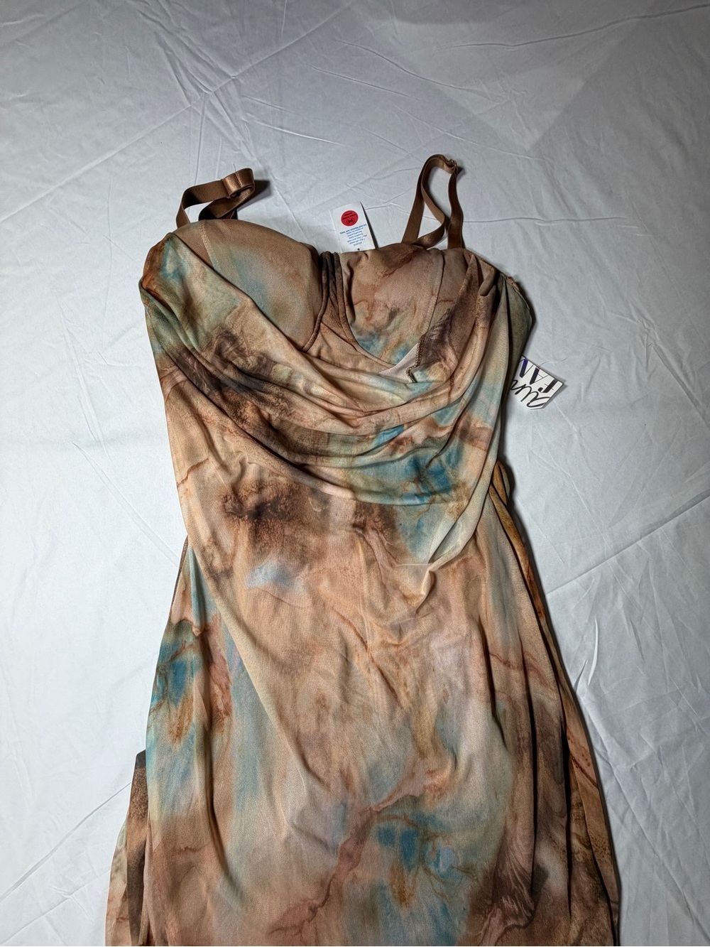 NWT Almost Famous Plus Size 1X Earthy Watercolor Mesh Maxi Dress - Blue & Brown